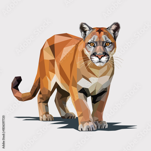 This striking polygonal illustration of a mountain lion captures its fierce gaze and strength, showcasing artistic talent and the beauty of wildlife in modern design.