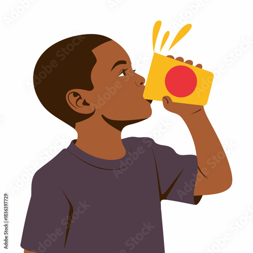A joyful child drinking from a colorful carton, radiating happiness and innocence, portraying the essence of youthfulness and carefree moments in daily life.