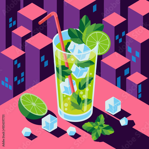A vibrant illustration of a refreshing mint drink placed against a city skyline, symbolizing urban lifestyle, relaxation, and the joy of enjoying flavorful beverages.