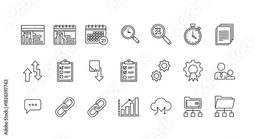 Business and Project Management Line Icons Set: Scheduling, Data Analysis, Workflow, and Optimization Symbols.