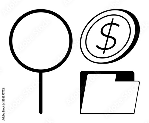 Financial analysis, data search, business organization, document storage, research, record management. Magnifying glass, dollar sign and file folder. Financial analysis and data search concept