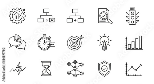 Outline Icons Set for Business Management, Data Analysis, Strategy, Planning, and Performance Metrics.