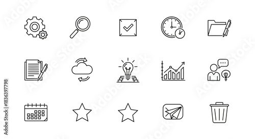 Essential Business, Office, and Utility Line Icons Set for Web Interface and App Design
