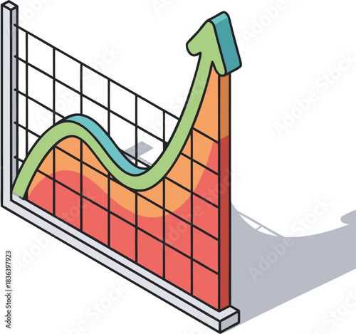 Isometric illustration of a colorful line graph showing upward trend and growth