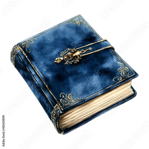 Watercolor vintage blue book with gold ornate clasp, vector
