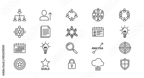 Outline Icons Set for Business Strategy, Management, Teamwork, Analysis, Planning, and Security Concepts