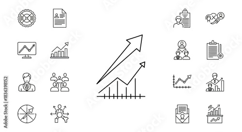 Business Growth and Performance Metrics Line Icons Set for Management, Strategy, and Data Analysis