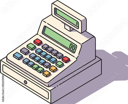 Isometric illustration of a vintage cash register machine with colorful buttons