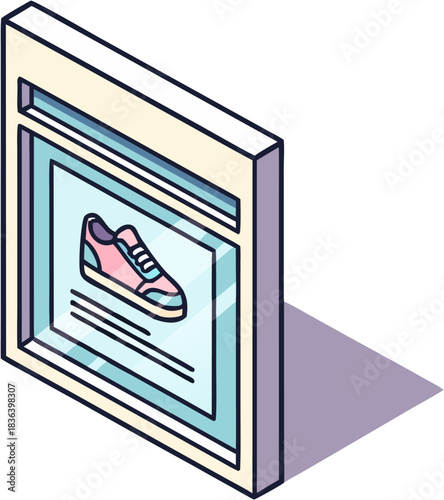 Isometric icon of an online store window displaying a pink and blue sneaker shoe for sale