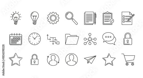 Business and Productivity Vector Line Icons Set: Idea, Time, Security, Management, and E-commerce Symbols