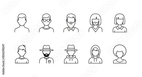 Diverse Avatar Line Icons Set: Collection of 10 User Profile Illustrations Representing Different People, Styles, and Personalities