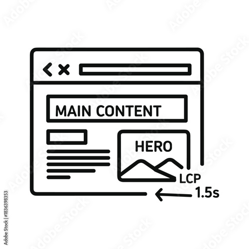 Browser window illustrating Largest Contentful Paint (LCP) metric with hero image, main content, and a 1.5s load time.