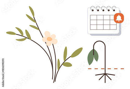 Branch with blossoms beside withered plant and calendar notification. Ideal for sustainability, natural cycles, time management, ecology, deadlines, mindfulness, and renewal. Simple flat metaphor