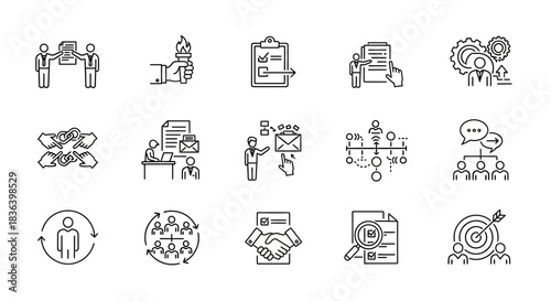 Business Management, Strategy, and Teamwork Line Icons Set: Collaboration, Goals, and Workflow