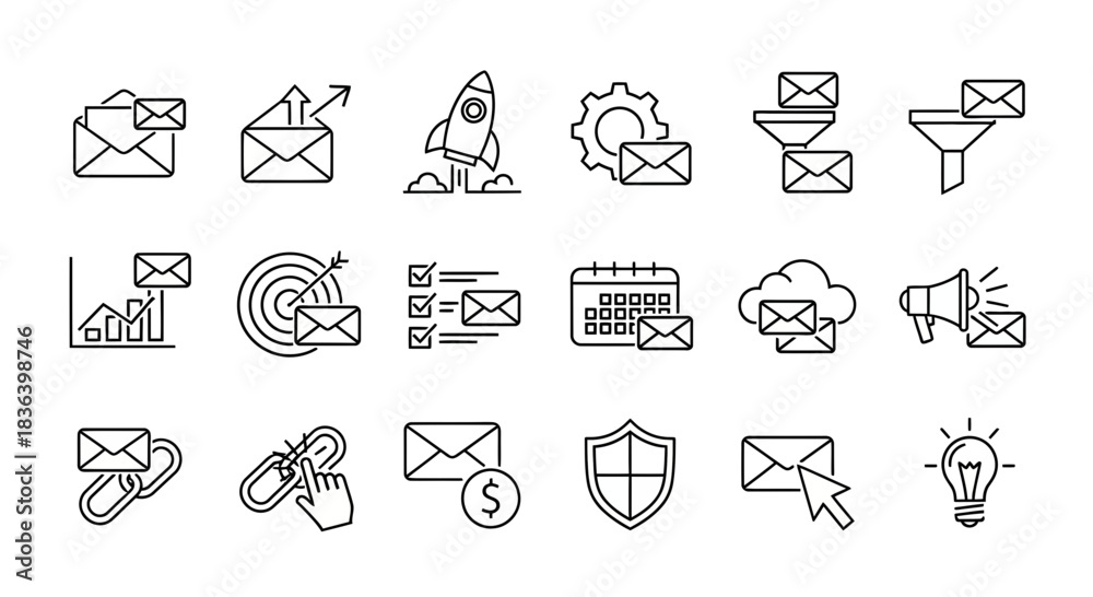 Fototapeta premium Email Marketing Line Icons Set. Newsletter, Communication Strategy, Business Growth, Security, and Digital Promotion Vector Symbols.