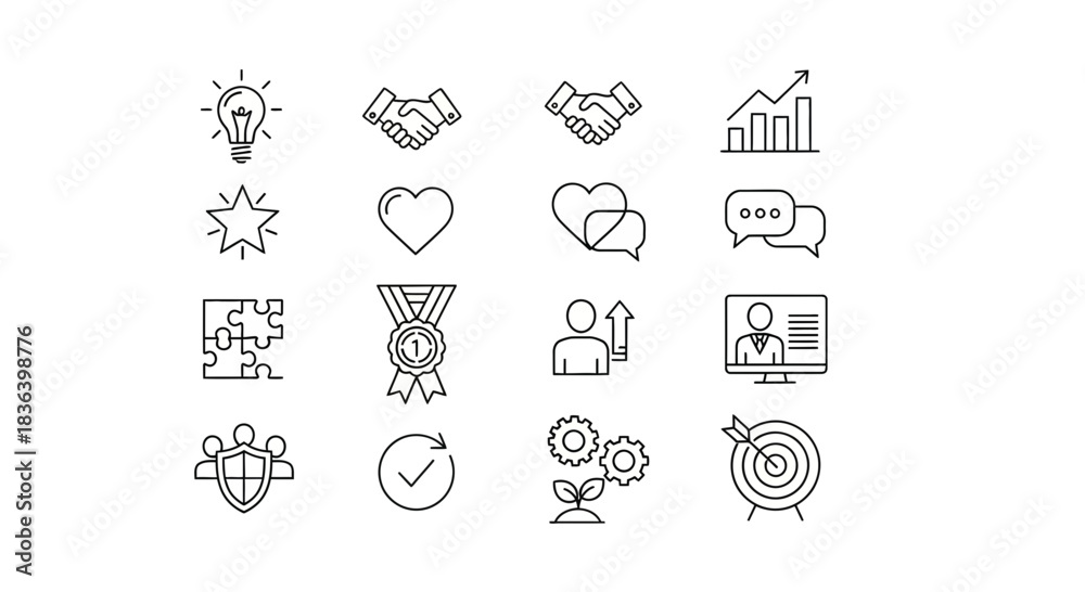 Fototapeta premium Set of 16 Outline Icons Representing Business Strategy, Achievement, Communication, and Teamwork Concepts.