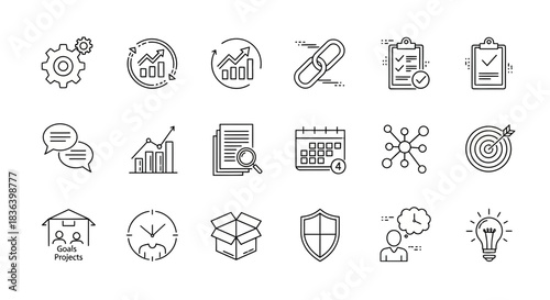 Set of Business Management, Project Planning, and Data Analysis Line Icons. Strategy, Goals, and Idea Vector Collection.