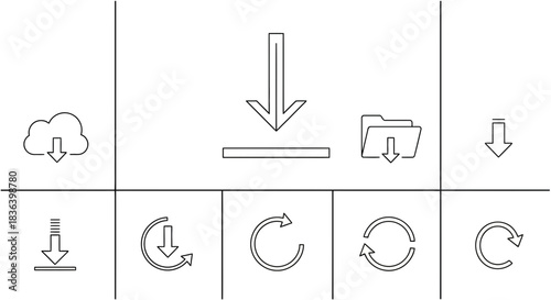 Outline Icons Set for Download, Refresh, Reload, and Data Transfer Operations in a Grid Layout