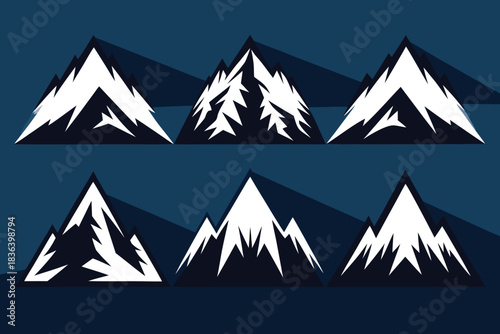 Six black and white mountain peak icons with long shadows