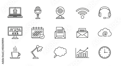 Remote Work and Business Communication Outline Icons Set. Telecommuting, Video Conference, Email, Schedule, and Office Tools.