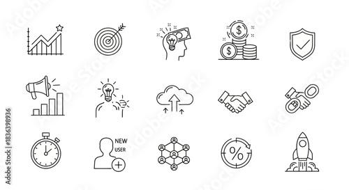 Line Icons for Business Strategy, Financial Growth, Marketing, Technology, and Startup Concepts