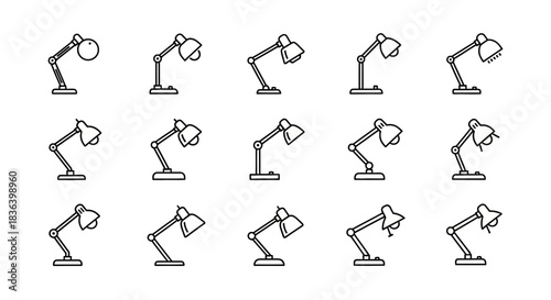 Desk Lamp Icon Set: Outline Style Collection of Adjustable Task Lights for Office and Home Decor