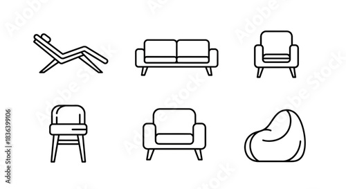 Modern Outline Icons Set of Seating Furniture: Sofa, Armchairs, Lounge Chair, Bean Bag, and Stool.
