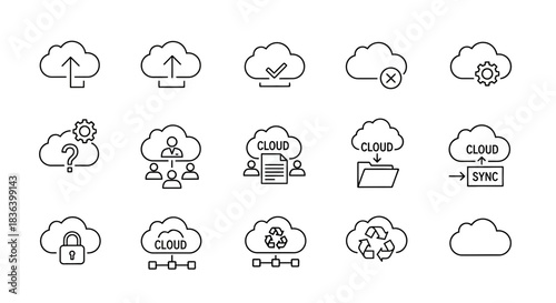 Cloud computing line icons set: data storage, synchronization, networking, security, upload, download, and configuration symbols.