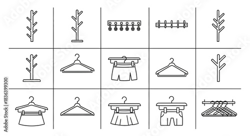 Clothes Storage and Organization Icons: Hangers, Coat Stands, and Wall Hooks Collection.