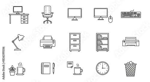 Outline Icons Set for Office Furniture, Supplies, and Workspace Equipment