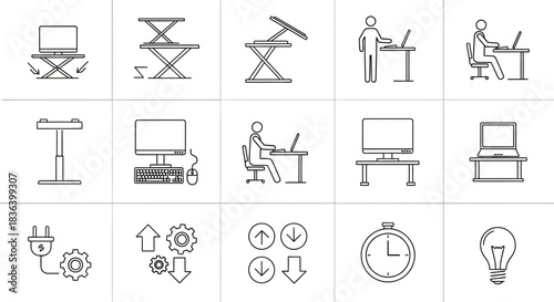 Adjustable Standing Desk and Office Ergonomics Line Icons Set: Movement, Efficiency, and Workspace Control.