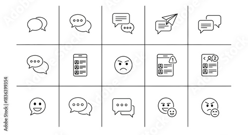 Chat, Messaging, and Emoticon Line Icon Set for Communication Apps and Social Media UI/UX.