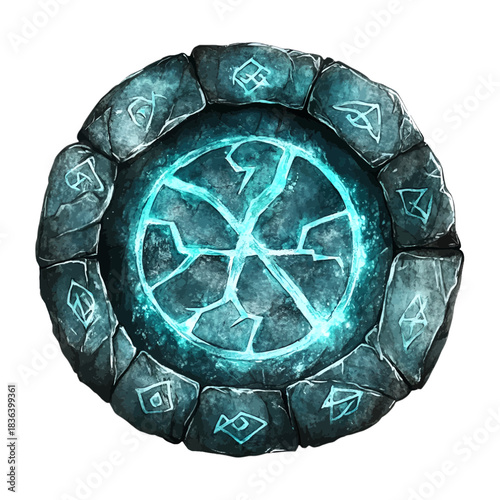Mystical glowing stone rune circle, ancient magic portal, vector
