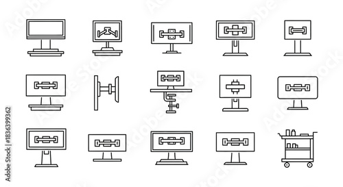 Line Icons Set for Monitor Stands, Wall Mounts, Display Hardware, and Screen Adjustment Tools in Outline Style