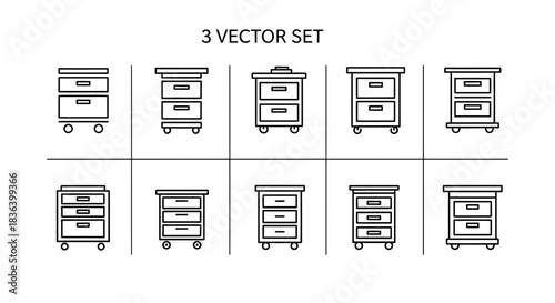 Black Line Icons Set of Filing Cabinets, Bedside Tables, or Medical Trolleys with Drawers and Wheels, Isolated Vector Illustration