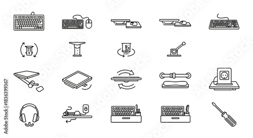 Ergonomic Computer Accessories and Workspace Setup Line Icons including Keyboards, Mice, Adjustable Trays, and Desk Organization.