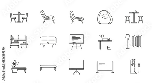 Modern Furniture, Office, and Interior Design Icons Set in Minimal Outline Style