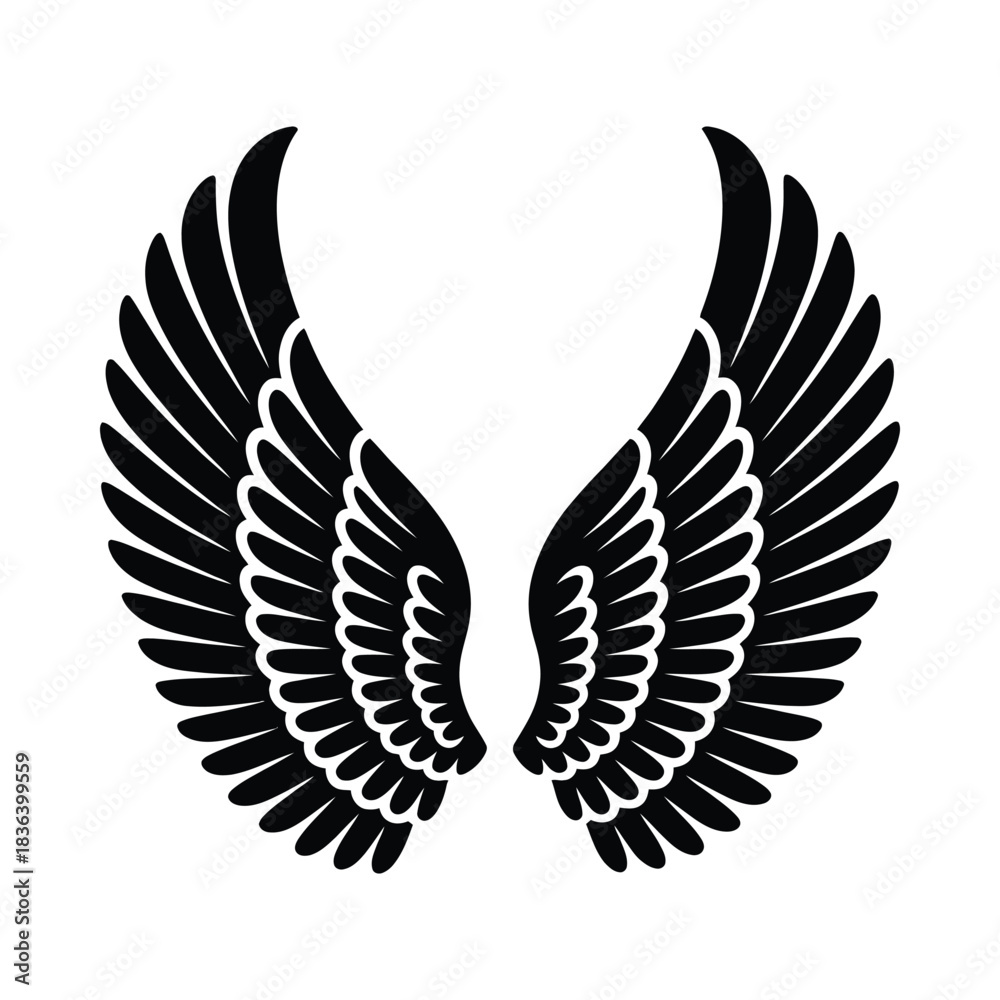Fototapeta premium Stylized black angel wings silhouette on white background