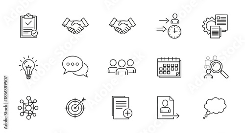 Business, Management, and Communication Line Icons Set: Planning, Teamwork, Strategy, and HR Vector Symbols.