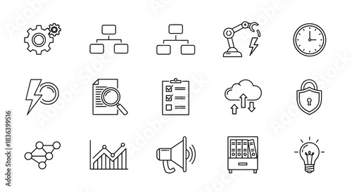 Modern Business and Technology Line Icons Set for Process Management, Data Analytics, and Automation