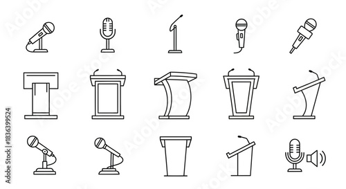 Microphone and Podium Line Icons Set for Public Speaking, Presentation, and Broadcast Equipment.