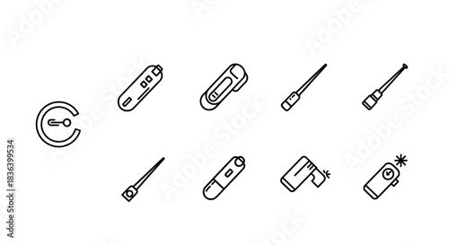 Line Icons Set of Electronic Devices, Medical Testing Tools, and Portable Gadgets.