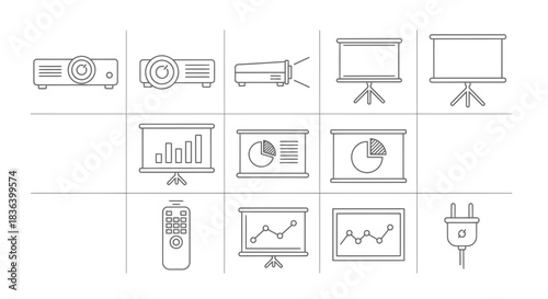Presentation Equipment and Data Chart Icons Set (Projector, Screen, Remote, Graphs)