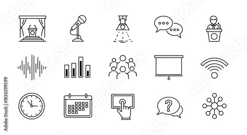 Line Icons Set for Conference, Public Speaking, Business Presentation, and Event Management