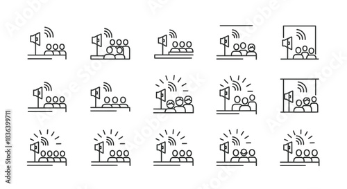 Communication Icons: Loudspeaker Addressing an Audience, Presentation, and Public Broadcast.