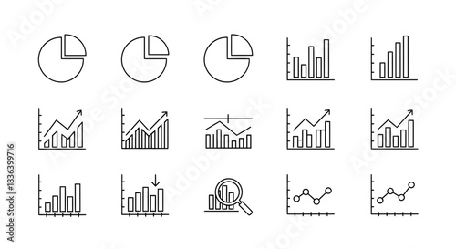 Collection of line icons featuring different types of business charts, graphs, data visualization, and financial analysis.