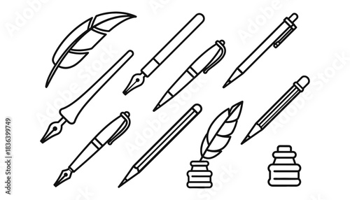 Set of Hand-Drawn Outline Icons Representing Classic and Modern Writing Tools, Including Quill Pens, Fountain Pens, Ballpoint Pens, Pencils, and Ink Bottles, Isolated Vector Illustration.