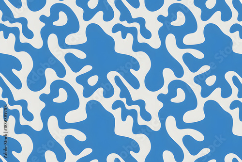 Seamless pattern of flowing, organic shapes in vibrant cobalt blue on a white background. Retro 1960s psychedelic style with smooth curves and abstract forms.