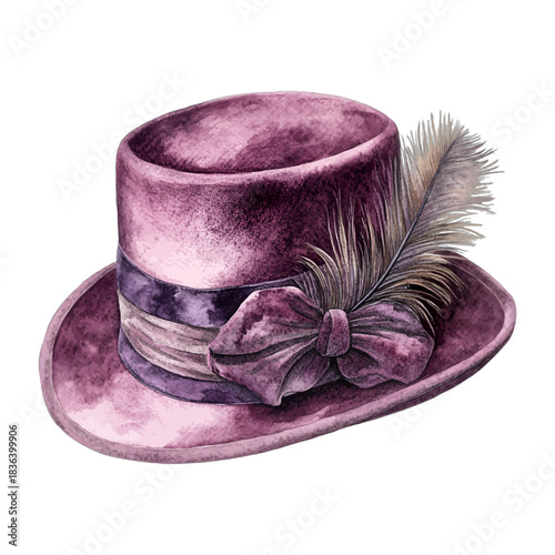 Vintage purple velvet top hat with feather and bow, vector
