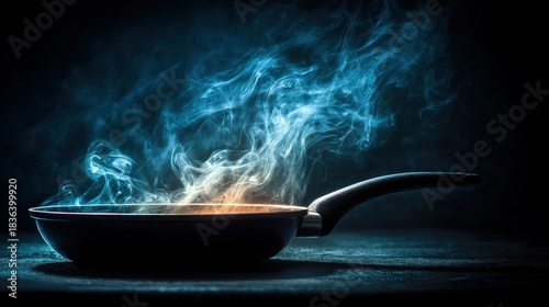 Hot steam rises dramatically from a skillet on a dark surface. Use this for cooking concepts, food safety, or recipe imagery.